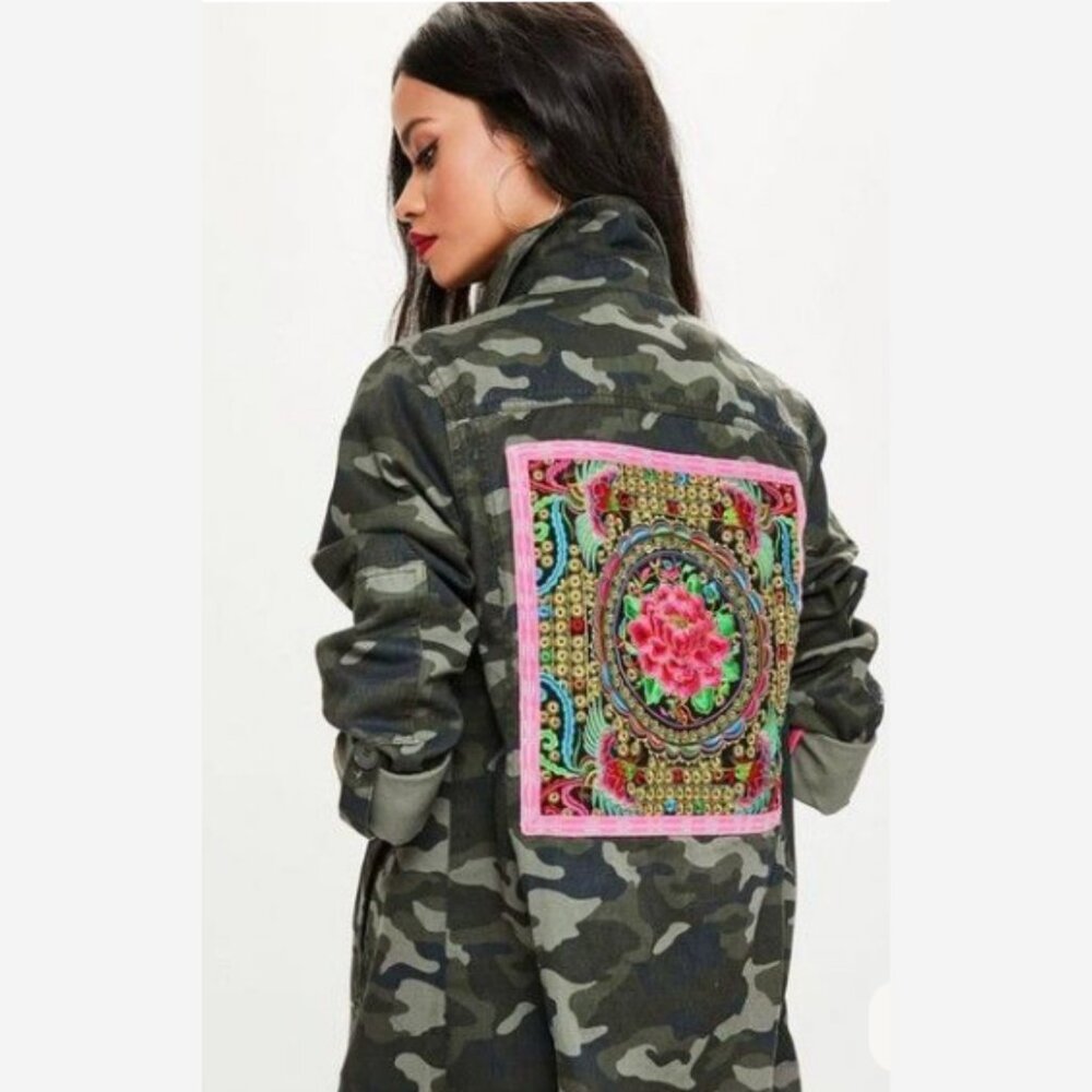 MISSGUIDED Camo Utility Jacket with Embroidered Back – Size 4